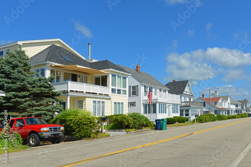 Historic oceanfront buildings on Ocean Boulevard in town of Hampton, New Hampshire, USA.