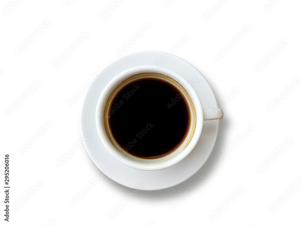 Top view of Black coffee in white cup isolated on the white background. Copy space Top view of Black coffee in white cup isolated on the white background. Copy space