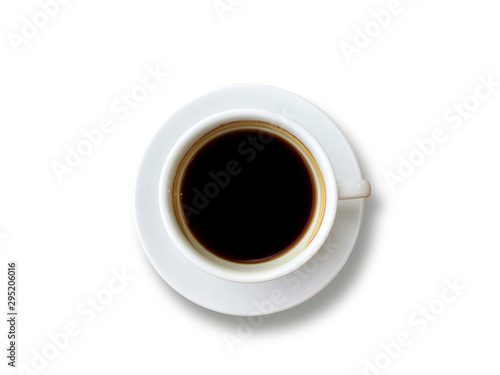 Top view of Black coffee in white cup isolated on the white background. Copy space