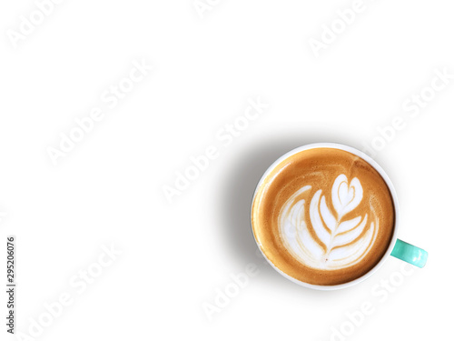 heart love latte art coffee in white and green cup isolated on White background. vintage style and copy space.