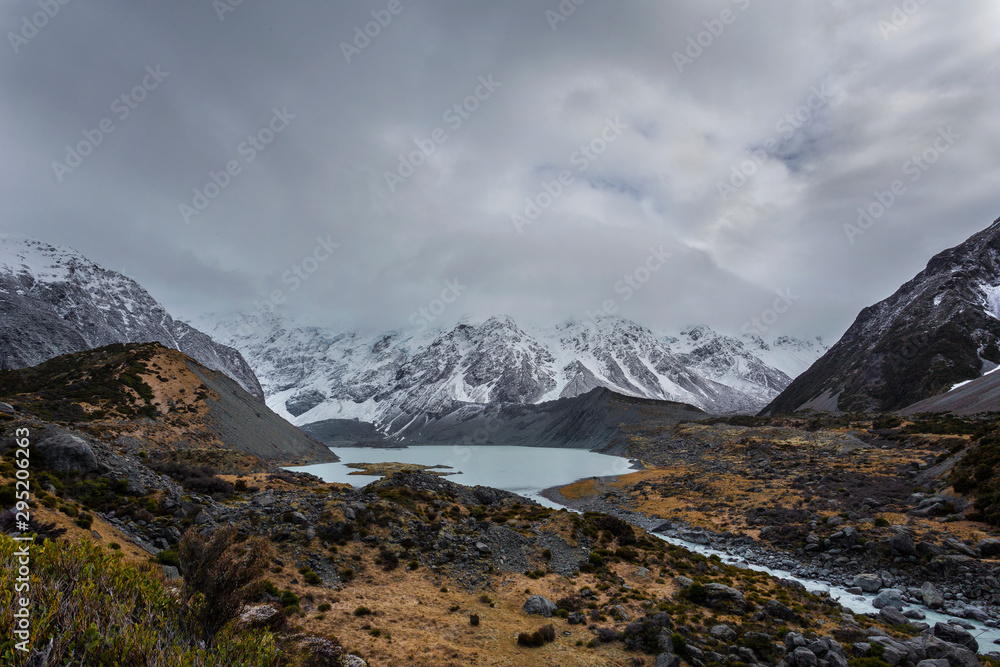 Cloudy cloud in Hooker Valley,South Island New Zealand during hiking with snow cap mountain view