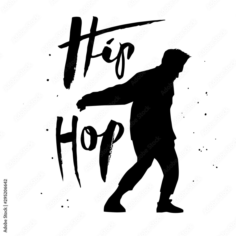 black silhouette of a dancing man and lettering on white background. A male street  dance hip hop dancer. Vector isolated illustration for logo, sticker,  logotype, icon, banner, poster for dance studio Stock