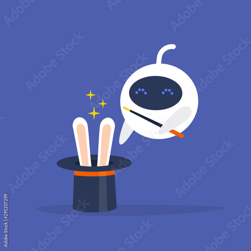 White robot showing tricks with a magic wand and a hat with rabbit ears inside