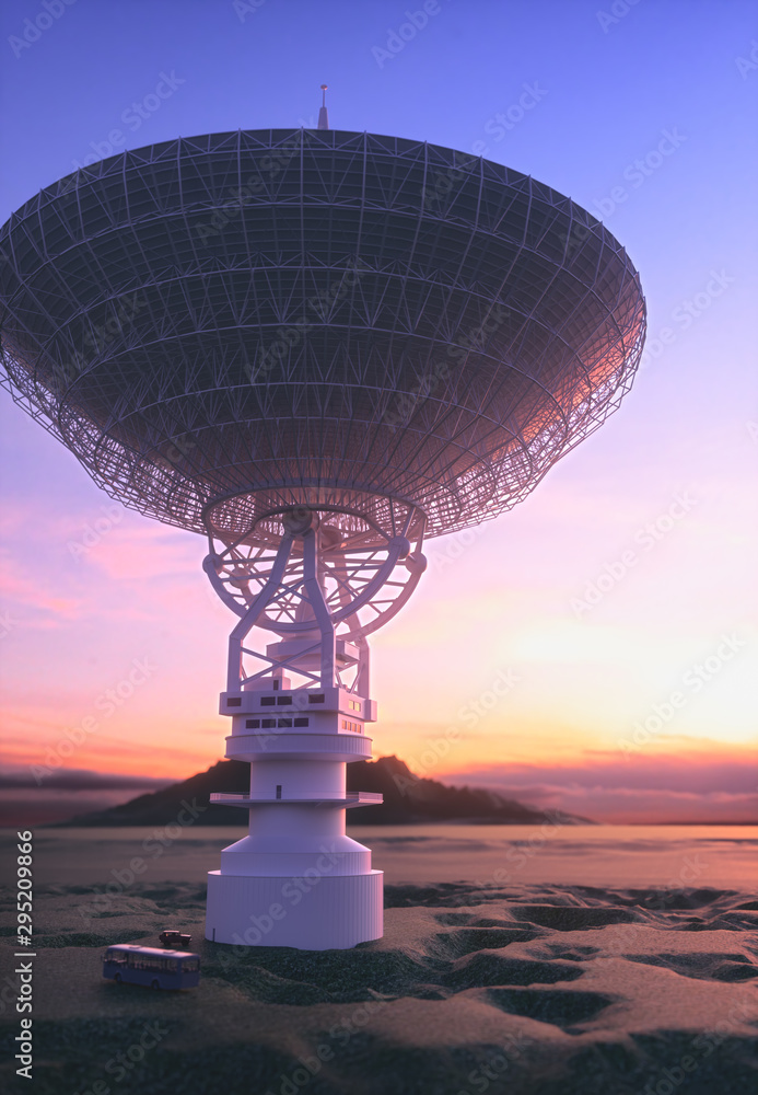 Huge satellite antenna dish for communication and signal reception out of the planet Earth. Observatory searching for radio signal in space at sunset. Huge satellite antenna dish for communication and signal reception out of the planet Earth. Observatory searching for radio signal in space at sunset.