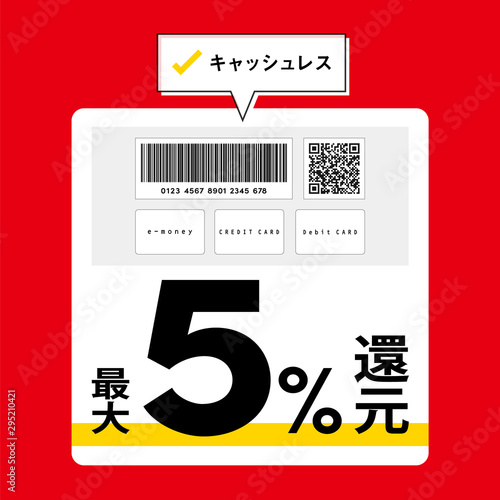「ポイント還元」販促素材：「キャッシュレス払い」で「最大5％ポイント還元」バーコード・QRコード〔赤色背景）