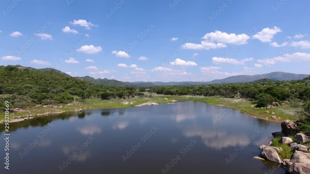 different angle of Beautiful reflection of white clouds on the water as the drone ascend higher to reveal the mountains and green nature different angle of Beautiful reflection of white clouds on the water as the drone ascend higher to reveal the mountains and green nature