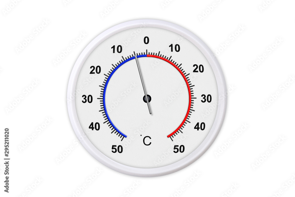Celsius scale thermometer for measuring weather temperature.  Thermometer isolated on white background. Ambient temperature minus 5 