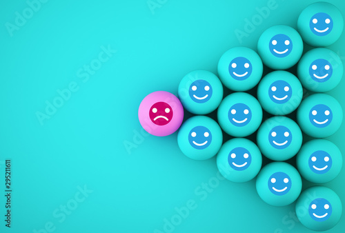 Abstract of face emotion happiness and sadness, Unique, think different, individual and standing out from the crowd concept. spherical with icon on blue background.