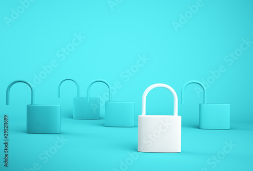 Outstanding white key lock standing one different from the others on blue background. Successful business team leader concept. photo