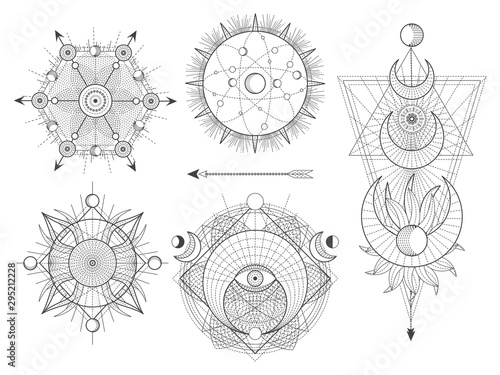 Vector set of Sacred geometric symbols and figures on white background. Abstract mystic signs collection. Black linear shapes.