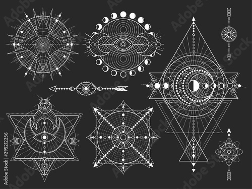 Vector set of Sacred geometric symbols and figures on black background. Abstract mystic signs collection.