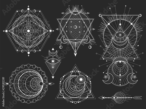 Vector set of Sacred geometric symbols and figures on black background. Abstract mystic signs collection.