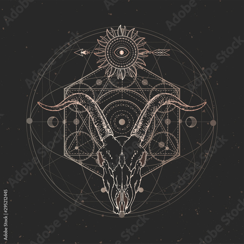 Vector illustration with hand drawn Goat skull and Sacred geometric symbol on black vintage background. Abstract mystic sign.