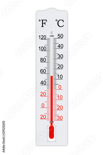 Fahrenheit and celsius scale meteorology thermometer for measuring air temperature. Thermometer isolated on white background. Air temperature plus 56 degrees fahrenheit photo