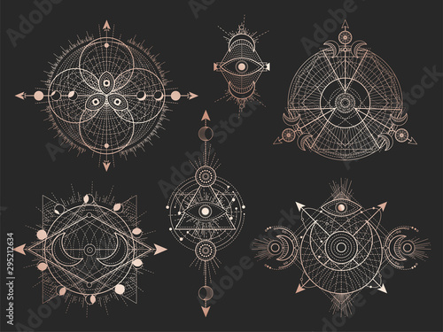 Vector set of Sacred geometric symbols and figures on black background. Abstract mystic signs collection.