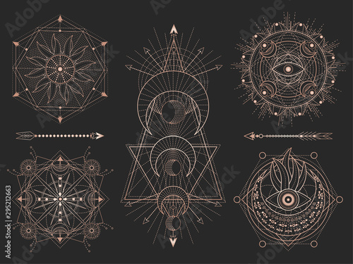 Vector set of Sacred geometric symbols and figures on black background. Abstract mystic signs collection.