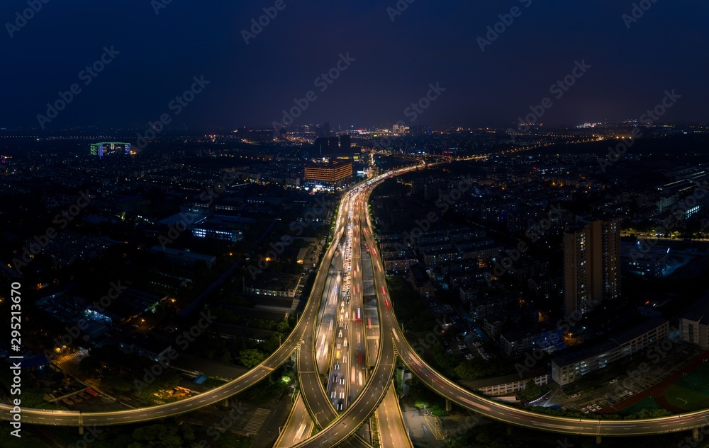 The Shuangqiao Overpass in Nanjing City in the Night Seen from Above