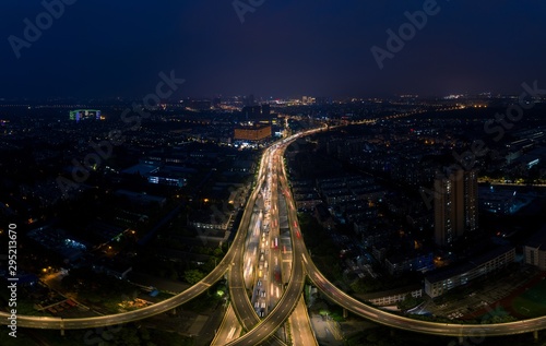 The Shuangqiao Overpass in Nanjing City in the Night Seen from Above