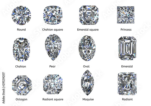 A set of twelve sparkling water diamonds with out line shape of various shapes and designs with their name, isolated Background top view Stock Illustration-3D rendering