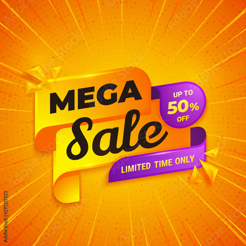 Mega sale background with orange, yellow, and purple color. Sale banner template design.