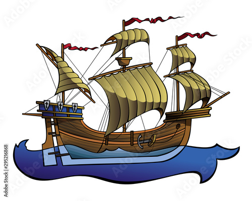 European medieval ship, running on the waves, vector illustration 