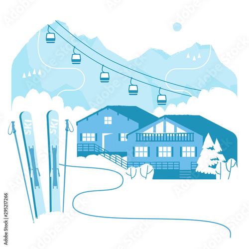 Ski resort vacation with ski lift. Winter outdoor holiday activity sport in alps, landscape with mountain view and forest. Alpine village chalet. Flat style