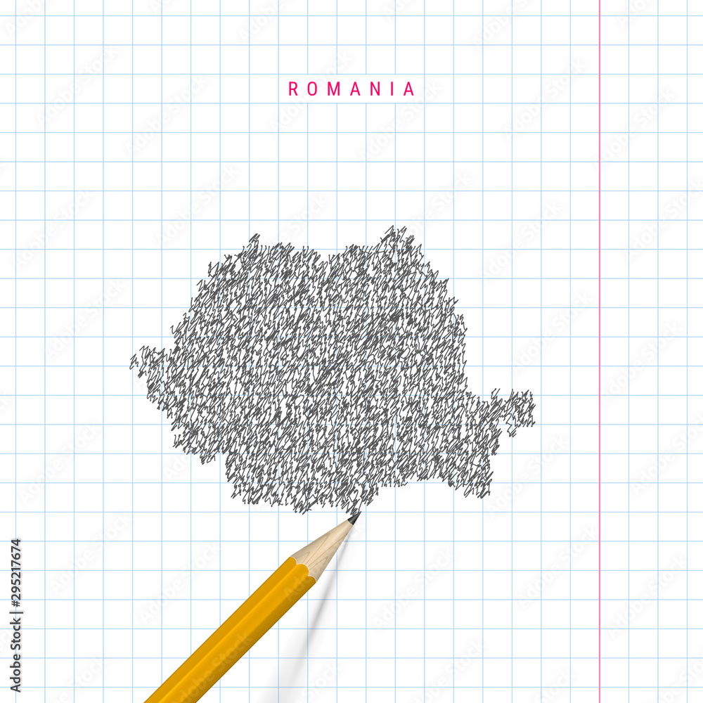 Romania sketch scribble vector map drawn on checkered school notebook paper background