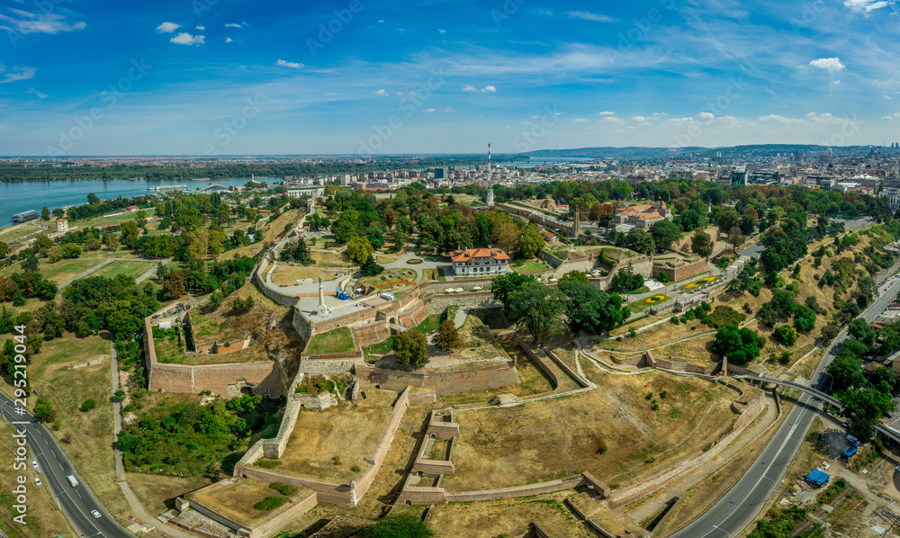 Aerial view of the castle of Beograd (Belgrade) the Kalemegdan at the meeting point of the Danube and Sava rivers in Serbia with rings of fortifications