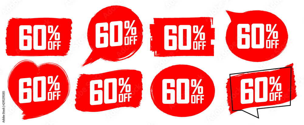Set Sale 60% off banners design template, discount tags, grunge brush, vector illustration Set Sale 60% off banners design template, discount tags, grunge brush, vector illustration