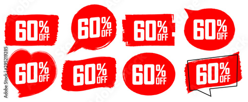 Set Sale 60% off banners design template, discount tags, grunge brush, vector illustration