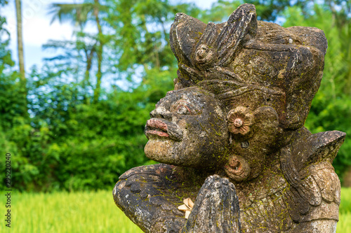 Traditional Balinese stone statuette of the deity in the street near green rice terraces. Island Bali, Indonesia . Close up