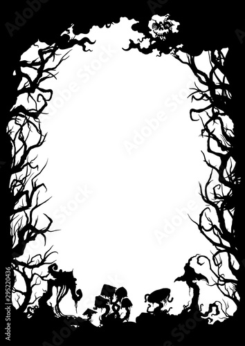 Sinister forest silhouette frame/ Illustration vertical frame with trees, mushrooms, moon