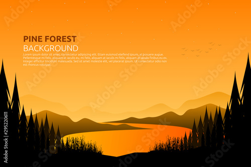 Abstract sunset landscape with colorful mountain and silhouette pine forest	