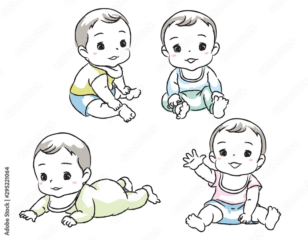 Set with cute babies. Various poses of baby under the age of one. Vector illustration. Set with cute babies. Various poses of baby under the age of one. Vector illustration.