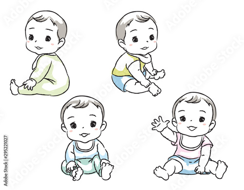 Set with cute babies. Various poses of baby under the age of one. Vector illustration.