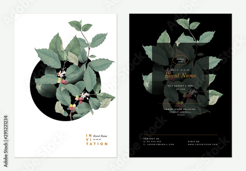 Event invitation card template design, coffee tree decorated on black