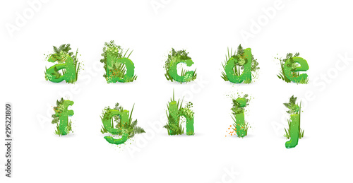 Green Leaves font. Vector illustration. Stylish eco alphabet from colorful tropical leaves, bushes, flowers and nature elements. Egology and natural font, summer and tropical letters isolated on white