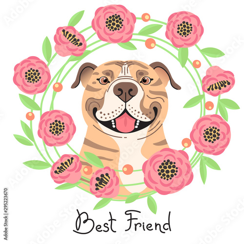 Happy American Staffordshire Pit Bull Terrier. Best friend - Pit Bull dog and wreath of flowers in the style of cartoon. Vector illustration