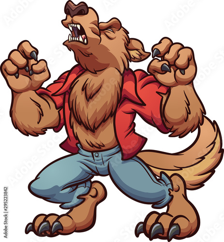 Howling cartoon werewolf with red shirt clip art. Vector illustration with simple gradients. All in a single layer. 