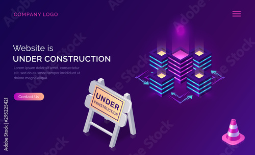 Website under construction, maintenance work or error page isometric concept vector illustration. Traffic cone, warning road traffic sign and datacenter server racks, purple ultraviolet web banner