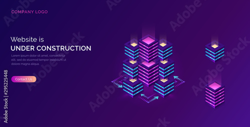 Website under construction, maintenance work or error page isometric concept vector illustration. Traffic cone, warning road traffic sign and datacenter server racks, purple ultraviolet web banner