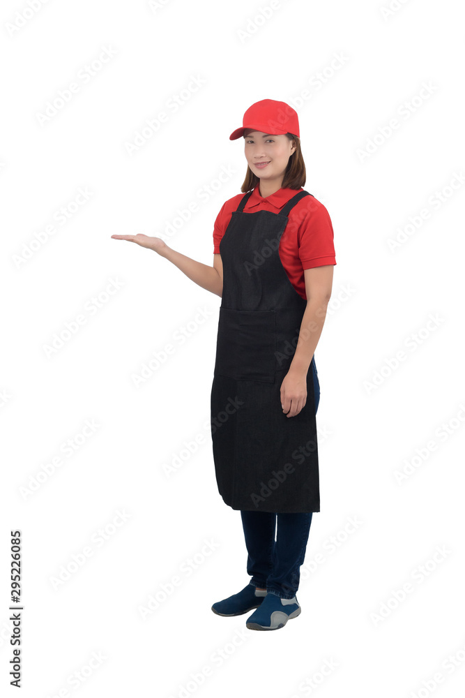 Portrait of happy Female staff in uniforms with apron isolated on white Portrait of happy Female staff in uniforms with apron isolated on white