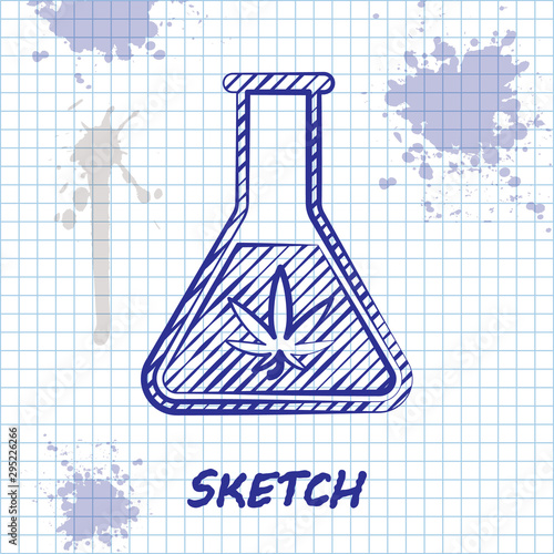 Sketch line Chemical test tube with marijuana or cannabis leaf icon isolated on white background. Research concept. Laboratory CBD oil concept. Vector Illustration