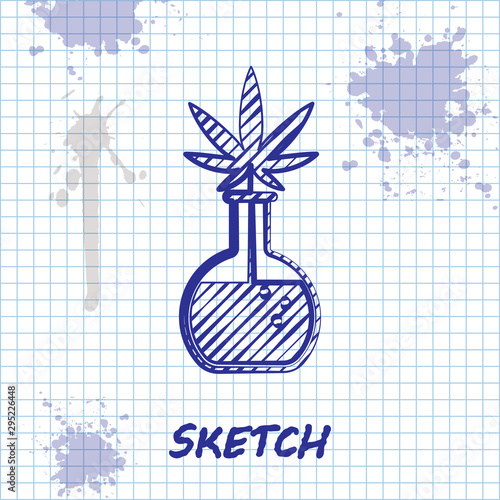 Sketch line Chemical test tube with marijuana or cannabis leaf icon isolated on white background. Research concept. Laboratory CBD oil concept. Vector Illustration