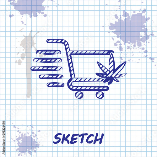 Sketch line Shopping cart with marijuana or cannabis leaf icon isolated on white background. Online buying. Delivery service. Supermarket basket. Vector Illustration