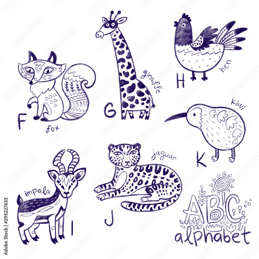 Cute animal alphabet coloring page. Funny cartoon animals - fox, giraffe, hen, impala, jaguar and kiwi Cute animal alphabet coloring page. Funny cartoon animals - fox, giraffe, hen, impala, jaguar and kiwi