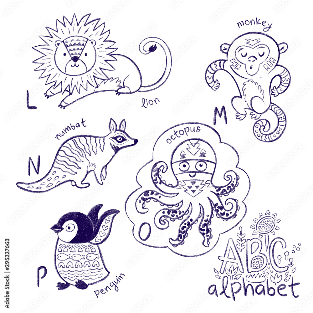 Cute animal alphabet coloring page. Funny cartoon animals - lion, monkey, numbat, octopus and penguin Cute animal alphabet coloring page. Funny cartoon animals - lion, monkey, numbat, octopus and penguin