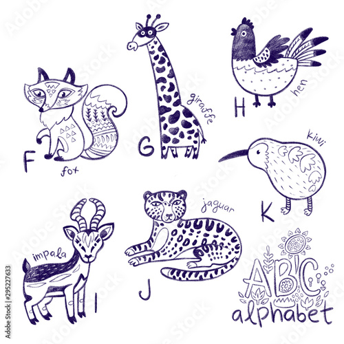 Cute animal alphabet coloring page. Funny cartoon animals - fox  giraffe  hen  impala  jaguar and kiwi