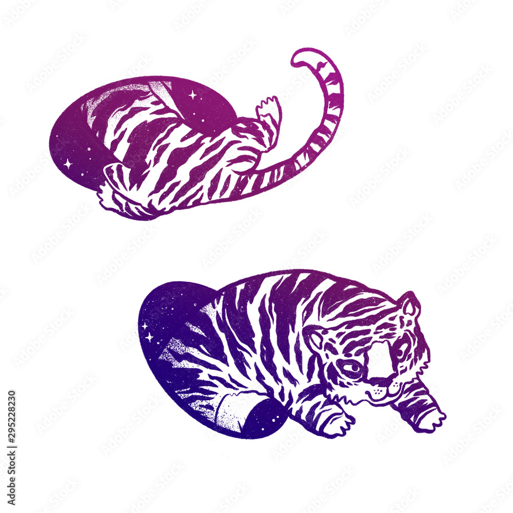 Tiger in magic teleport. Linear drawing in bright vibrant gradient color. Tiger in magic teleport. Linear drawing in bright vibrant gradient color.