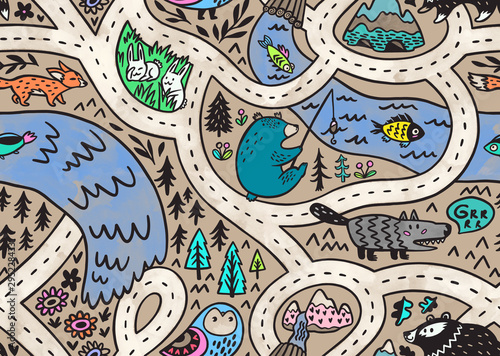 Photography Seamless pattern of forest landscape map with roads, animals, river and mountain